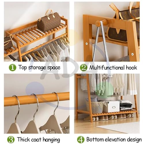 Image of ADA Premium Natural Bamboo Cloth Stand With Rack, Top Shelf & Shoe Stand With 2 Hook Clothing Storage Organizer Shelves For Hallway, Living Room, Guest Room (80 x 40 x 140cm)