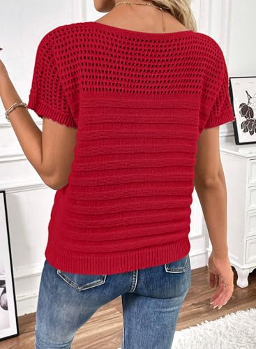 Image of SHEWIN Womens Sweaters Crew Neck Short Sleeve Shirts Summer Tops Knit Hollow Out T Shirts Sweater Blouses