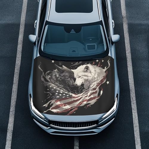 Image of Cool Wolf American Flag Car Hood Cover Protector 59x39 Inch Auto Hood Wrap Blankets Stretchable Waterproof Sun Proof Auto Patriotic Decorations for Sedans SUV Trucks