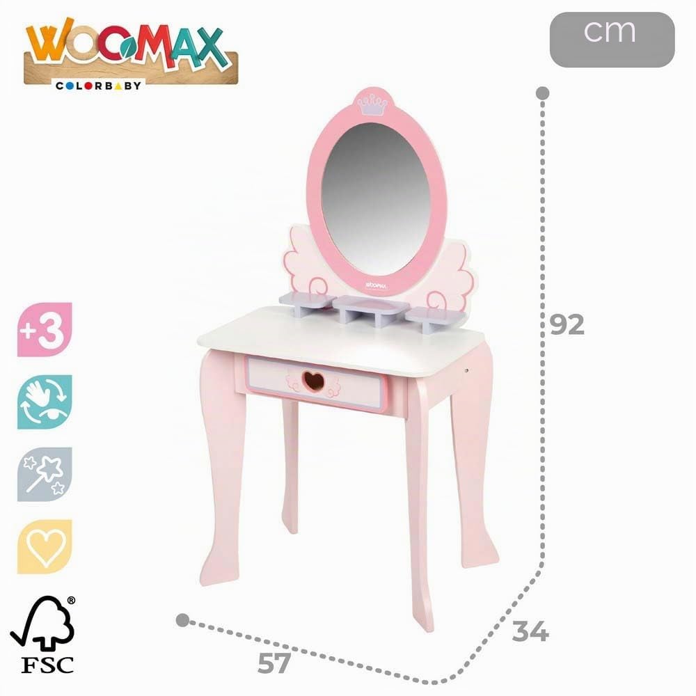 WOOMAX Toeletta per trucco per ragazze con sgabello in legno e specchio plexiglas, 50 x 34 x 92 cm, colori pastello, toeletta per bambini, accessori interattivi, giocattoli per bambini 3 anni (33047)