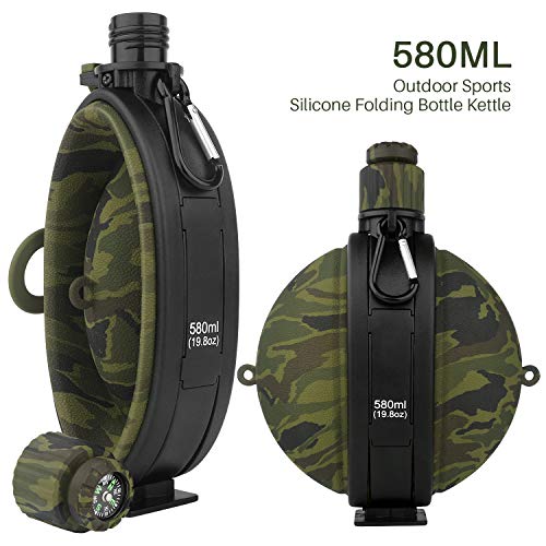 Collapsible Military Water Bottle - Newly Designed Silicone Water Kettle Canteen with Compass
