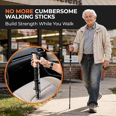 Image of Foldable Trekking Pole for Hiking & Trekking | Adjustable Up to 125 cm | Lightweight Aluminum Walking Stick with EVA Grip, Flip Lock, Snow Basket & Carry Bag 1 Piece