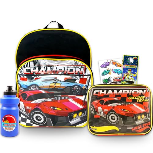 Hot Wheels Conjunto de mochila com lancheira para meninos e crianças – Pacote de mochila de carro de corrida de 40,6 cm e lancheira isolada com garrafa de água, tatuagens, mais