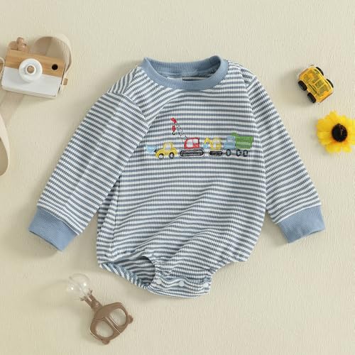 Newborn Baby Boy Fall Outfit Truck/Tool Long Sleeve Sweatshirt Bubble Romper Waffle Knit Striped Bodysuit Clothes3