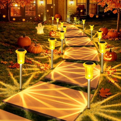 Image of DenicMic Solar Halloween Lights Outdoor Fall Decorations Orange LED 10 Pack | Yard Garden Pathway Walkway Patio Diamond-like Style Starburst Light Pattern, Acrylic /Stainless Steel, Autumn /Halloween Decor