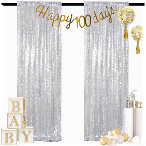 ShinyBeauty Silver Backdrops 2 Pieces Sequin Curtains 4FTx7FT Photoshoot Background Shimmer Backdrop Curtain Panels Sparkle Backdrop for Birthday,Wedding,Party Studio Decor(8FTX7FT)