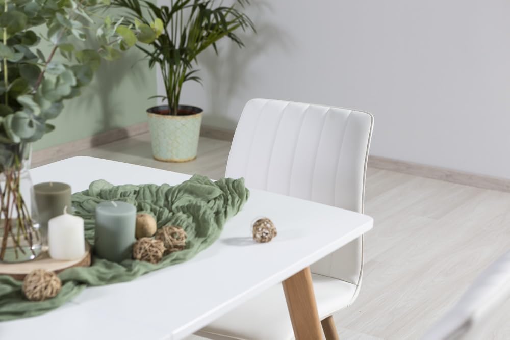 Set Tavolo da Pranzo rettangolare allungabile 140-180x80 cm con 6 Sedie imbottite bianche ecopelle, stile scandinavo con gambe effetto legno, tavolo e sedie da cucina o sala da pranzo per 6 persone