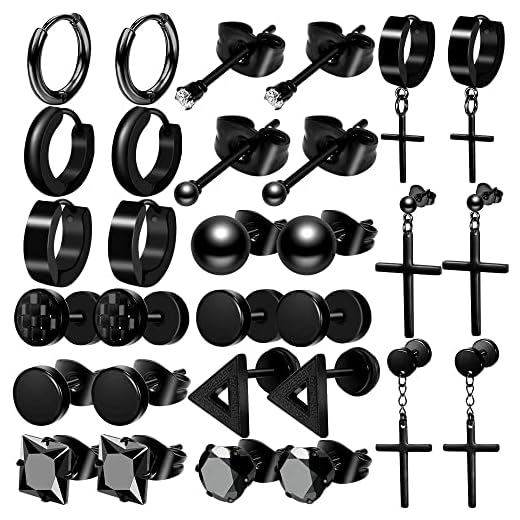 ONESING 15 Pairs Earrings for Men Black Stud Earrings Mens Earrings Stainless Steel Black Earrings for Men Women Jewelry Piercing Hoop Earrings Set
