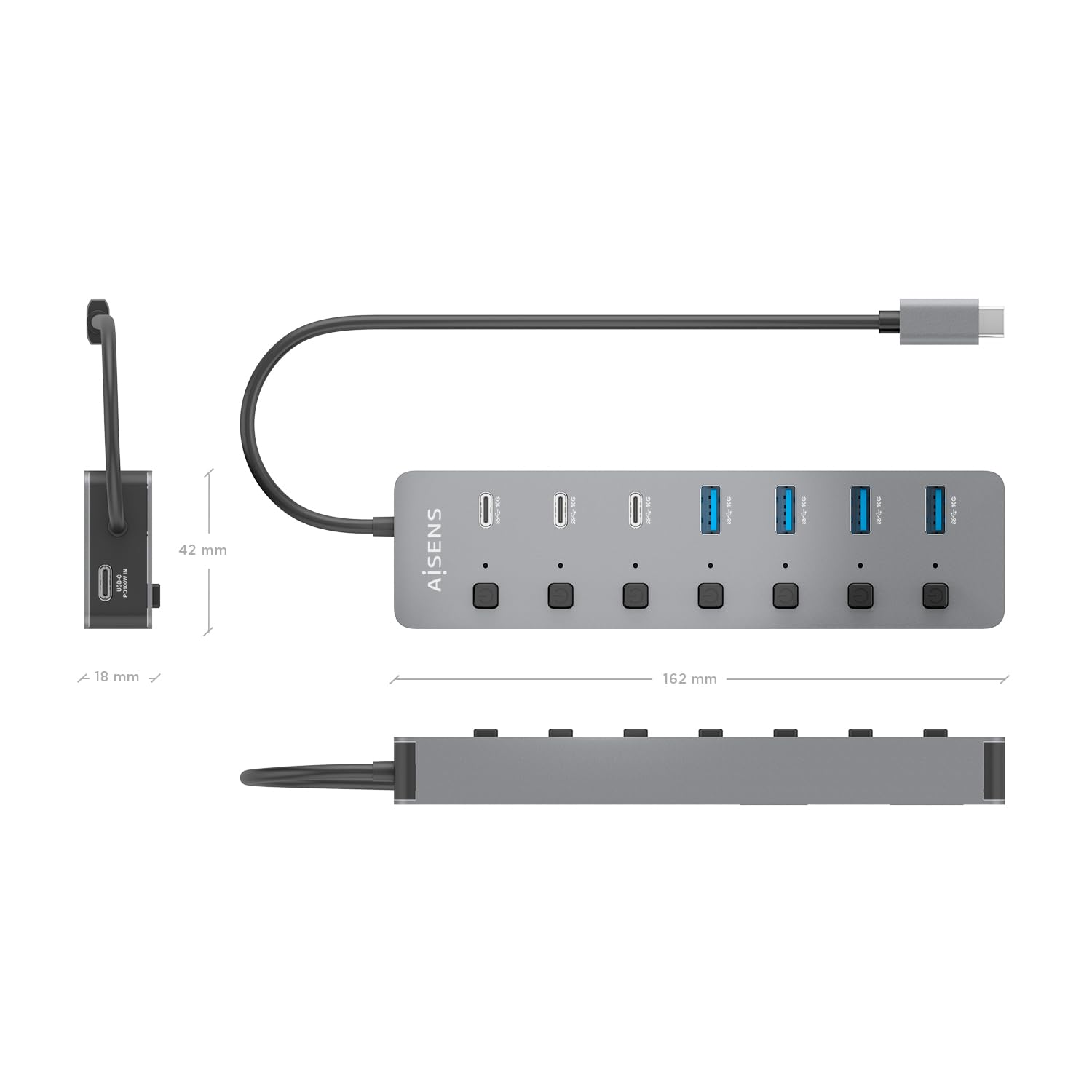 AISENS ASUC-8P044-GR - HUB USB3.2 Gen2 10G USB-C, USB-C/M-4xUSB-A/H+3xUSB-C/H+1xUSB-C/H PD3.0 100W, Gris, 30 cm