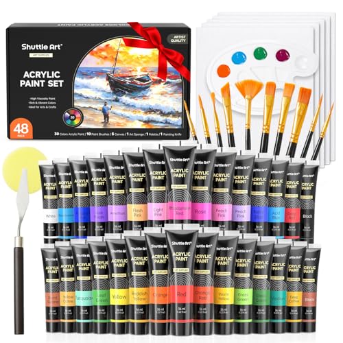 Shuttle Art 48PCS Kit Pintura Acrílica, 30 Tubos (36ml) Pintura Acrílica con 10 Pinceles 5 Lienzos 1 Espátula 1 Paleta, Acrilicos para Pintar para Artista Principiante, Pinturas Acrilicas para Lienzos