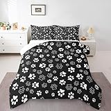 Manfei Dog Paw Print Comforter Set Queen Size, Black and White Animal Footprint Bedding Set for Kids Boys Girls Room Decor, Animal Theme Down Comforter, Soft Polyester Quilt Set,2 Pillowcases