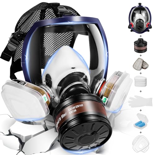 Full Face Gas Masks Survival Nuclear and Chemical - Respirator Mask, Eye & Face Protection Mask with 40MM & 6001 Activated Carbon Filters Against Gas, Formaldehyde, Organic Vapor, Chemical, Dust, Fume