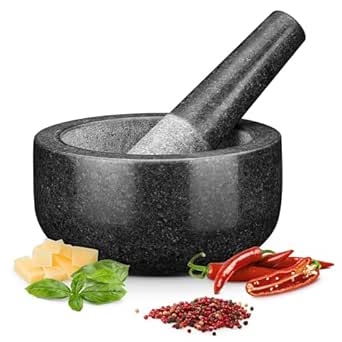 H&amp;S Pestle and Mortar Set, Premium Solid Granite Stone Mortar and Pestle Large Black - 16cm (6.3&#34;) Diameter - Pestle and Mortar Large