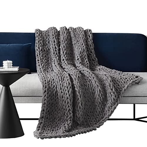 Bedfolks Chunky Knit Blanket Throw - Light Grey Jumbo Chenille Yarn 100% Hand Knit, Soft And Fluffy Chenille For Couch, Sofa, Bed, Home Decor, 50" X 60" #TOP1