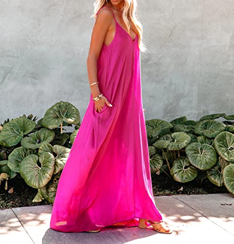 Image of R.Vivimos Women's Summer Casual Adjustable Spaghetti Strap V Neck Boho Loose Fit Backless Maxi Dress with Pockets