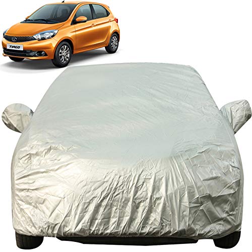 Image of Autofact Waterproof Car Body Cover with Mirror Pockets Compatible for Tata Tiago (Triple Stitched, Bottom Fully Elastic, Light Grey 2 X 2 Matty)