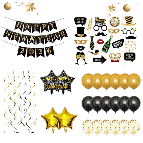 Juego de decoración de Año Nuevo 2026, decoración de Año Nuevo, fiesta de Año Nuevo 2026, incluye guirnalda de feliz año nuevo, accesorios para fotos, máscaras, confeti, globos, globos de papel de