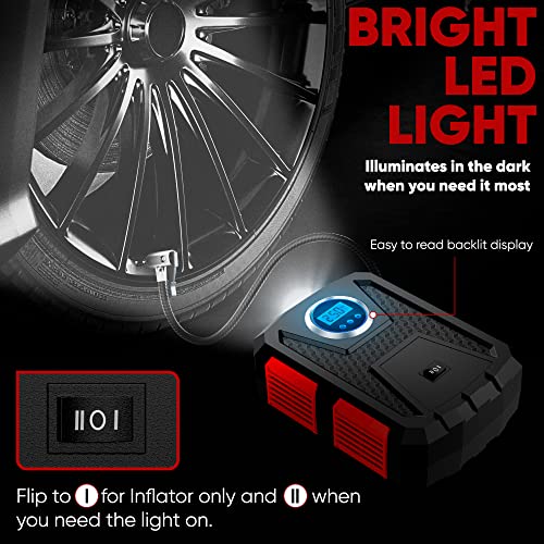 FORTEM Tyre Inflator Air Compressor, Car Tyre Pump, Car Tyre Inflator 12v, Electric Car Pump For Tyres w/LED Light, Digital Tyre Inflator for Bikes, Auto Pump/Shut Off, Carrying Case (RED)