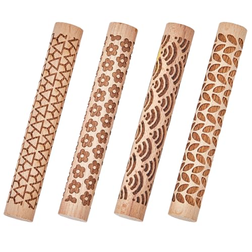 CREATCABIN Lot 4 kit Rouleaux Modelage d'argile 3 Styles Fleur Mer Vague Feuille Triangle Rouleaux Pâtisserie Texturés Potiers Tampon Rouleau pour Dalles...