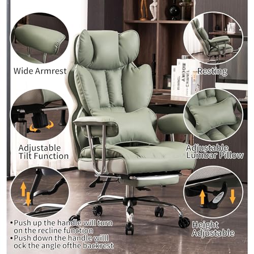 Efomao Big and Tall Office Chair 400lbs - Executive Office Chairs with Footrest, Heavy-Duty PU Leather Computer Chair for Heavy People, Light Green Home Office Desk Chairs