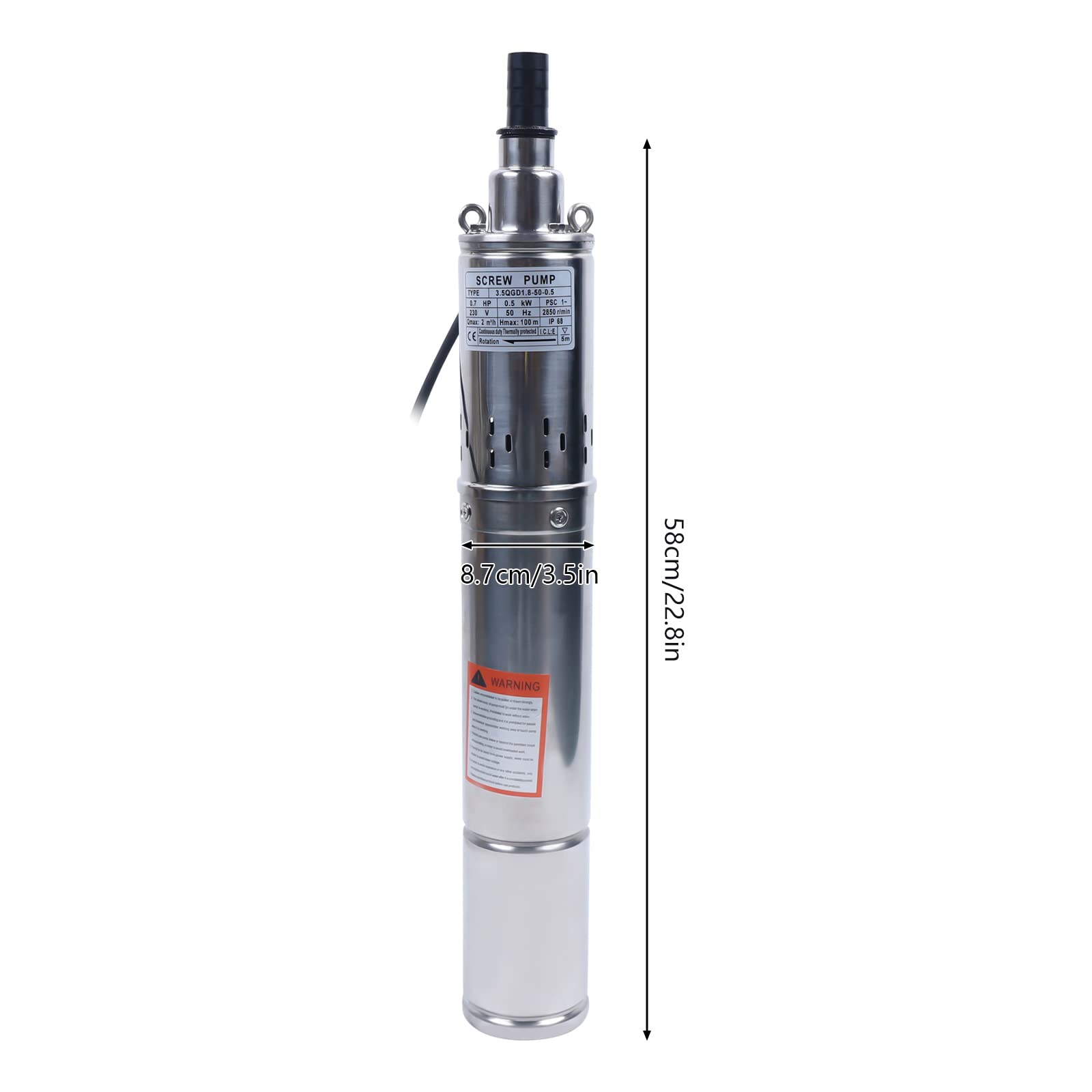 Bomba para pozos profundos, sumergible, acero inoxidable, 3,5 pulgadas, 500 W, caudal de 2 m³/439,94 gal/h, altura máxima de extracción 100 m/328,08 pies para riego agrícola paisajismo con cable de 15