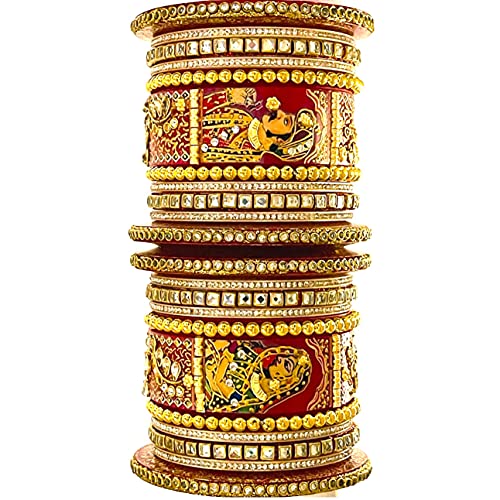The Opal Factory Raja Rani Bridal Jewellery Bangles Set Gold Plated Punjabi Chuda Set for Wedding with Rajasthani Kundan Meenakari Stones and Pearl Bangles for Women and Girls (Red, 2.6)