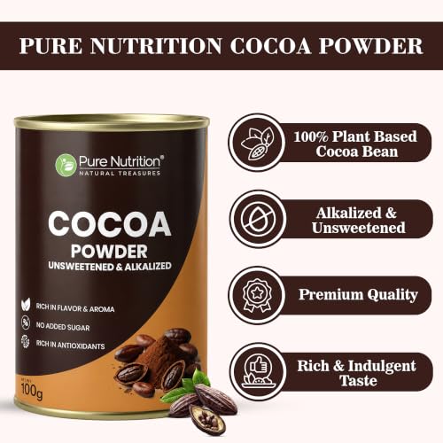 Image of Pure Nutrition Cocoa Powder Without Sugar | Cacao Powder Unsweetend | Coco Powders | Cocoa Powder for Cake, Beverages & Desserts |100% Plant Based & Alkalized | Rich Flavor & Aroma | No Added Sugar - 100g