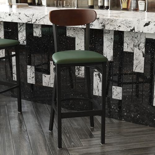 Image of Flash Furniture Wright Commercial Barstool - Walnut Finish Wood Boomerang Back - Green Vinyl Seat - 500 LB. Capacity Black Steel Frame - Integrated Footrest