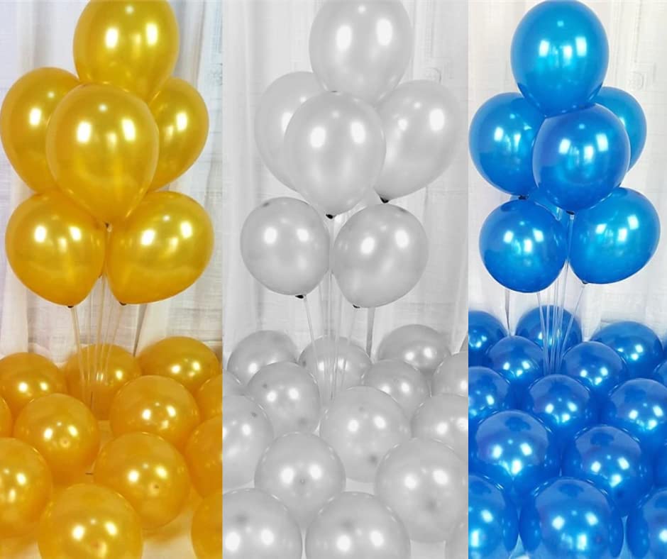 Flyloons Golden Silver Blue Balloons Pack of 50 for birthday decoration items also suitable for Anniversary, Wedding, Celebration, Party