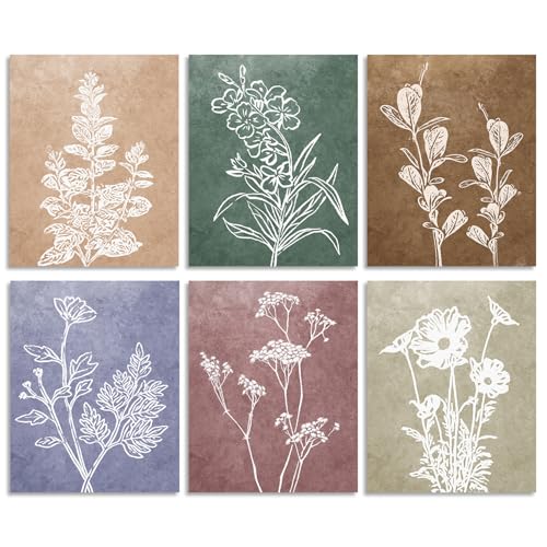 Dazzlewall Set de 6 Piezas Arte de Pared Floral Minimalista, Lienzo de Arte de Línea Botánica Boho en Tonos Terrosos para Dormitorio 20×25 cm Sin Marco