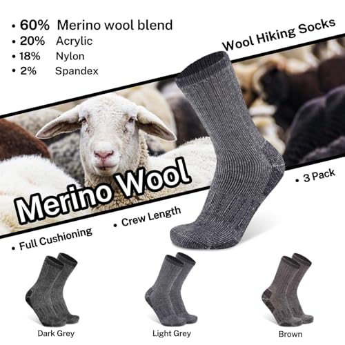 Image of Busy Socks 3 Pack Crew Merino Wool Hiking Socks for Men Women Winter Thick Warm Thermal Cushioned Moisture Wicking Boot Sock