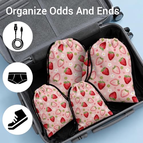 Image of Strawberry Storage Bag With Drawstring Small Flowers Print Waterproof Pouch for Travel Beach