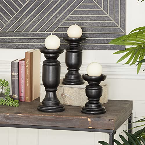 Deco 79 Mango Wood Turned Style Pillar Candle Holder, Set Of 3 10", 8", 6"H, Black #TOP1