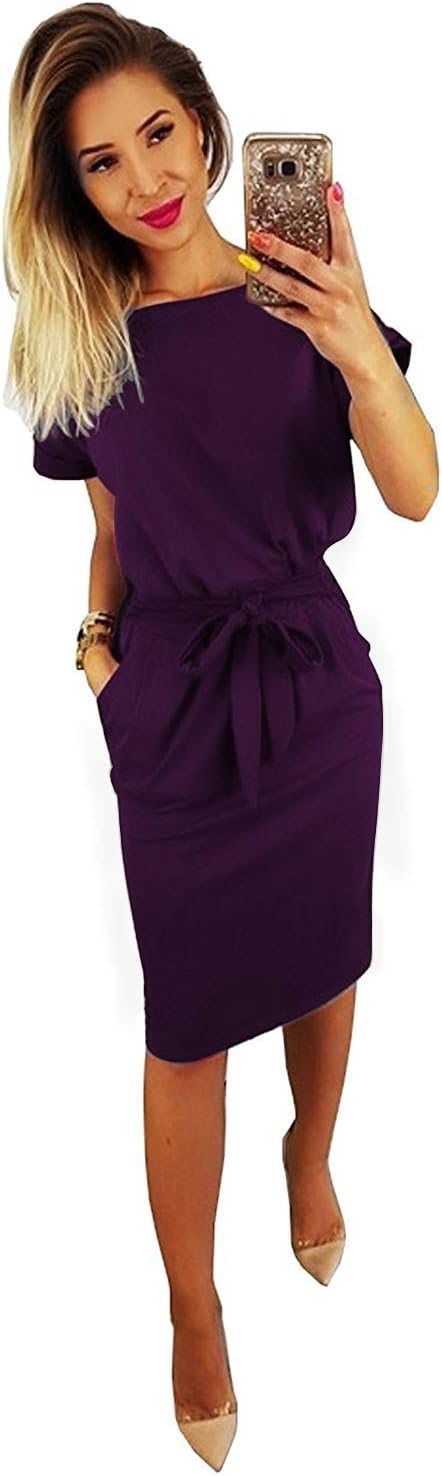Women's Elegant Short Sleeve Casual Pencil Dress with Belt (Purple, Medium)