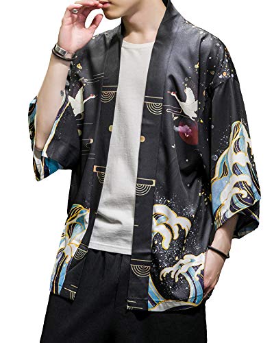 Image of Men's Japanese Kimono Robe Jacket Lightweight 3 /4 Sleeve Open Front Yukata | Silky Smooth Fashion Print Happi Coat Lightweight Breathable Loose Unisex Haori Casual Summer Cardigan Daily Beach Vacation