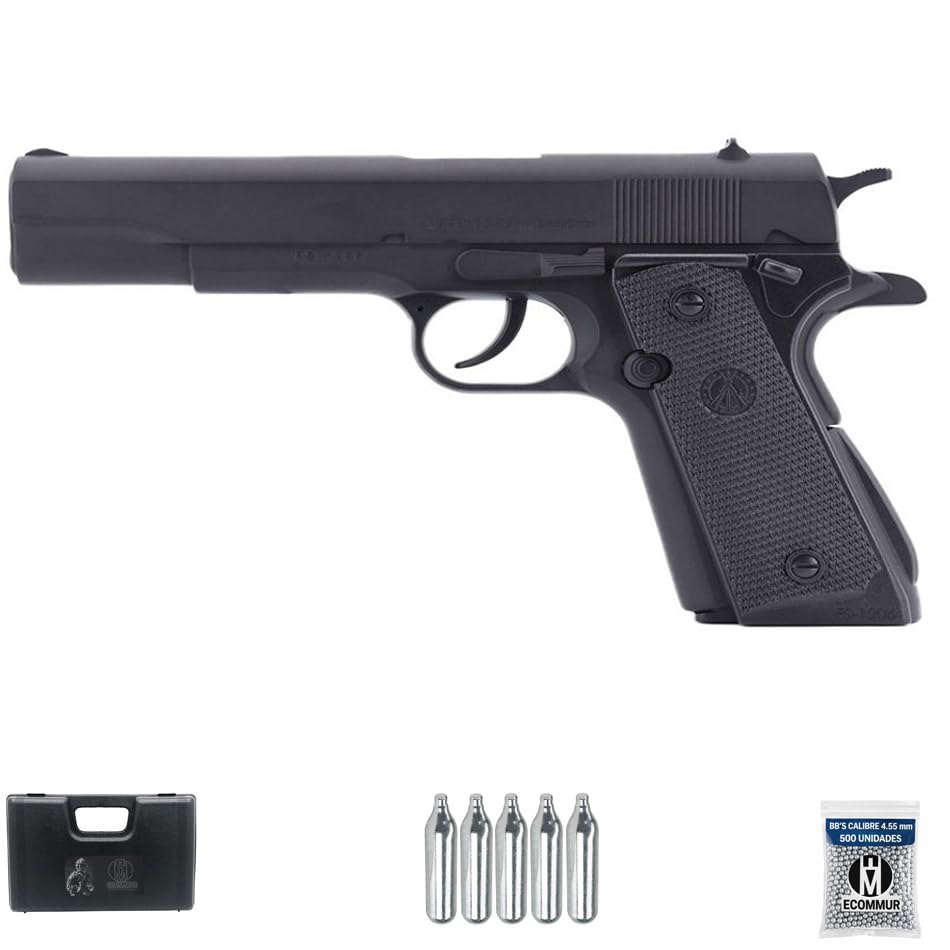 Pistola Hwasan M1911 Full Metal CO2 (4,5mm) | Pack Pistola de balines (perdigones Bolas de Acero BB's). Arma de Aire comprimido CO2 Calibre 4,5mm [Menos de 3 Julios]