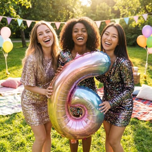 Image of YPSelected 32 Inch Large Foil Helium Number Balloon Birthday Wedding Party 0-9 (Rainbow, 6)