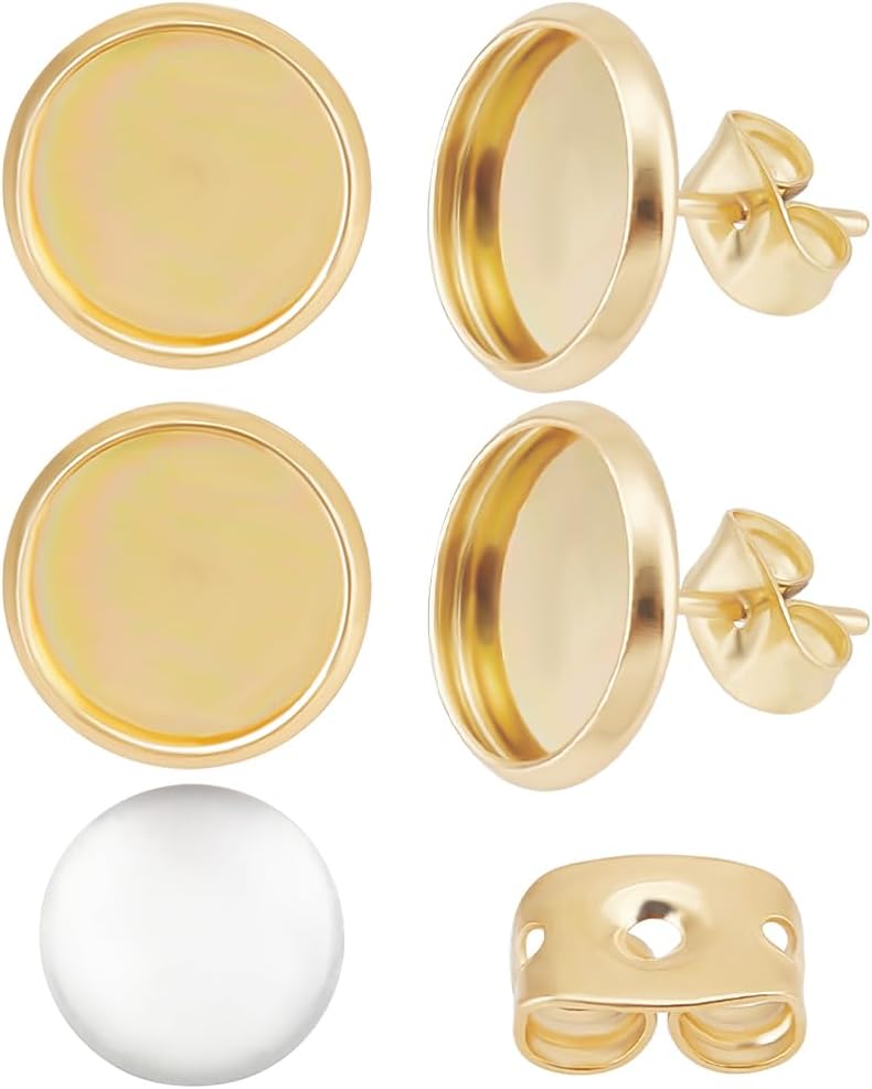 Beebeecraft 1 Box 40 Sets Earring Cabochon Blanks 18K Gold Plated Stainless Steel Round Blank Stud Earring Bezel with Ear Nuts Findings for Jewelry Making Finding DIY Crafts