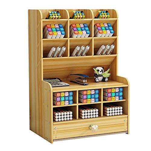 Organizador de escritorio de madera caja multifuncional de soporte para bolígrafos para escritorio organizador de bolígrafos para suministros de oficina, hogar y escuela con cajón (madera de cereza B)