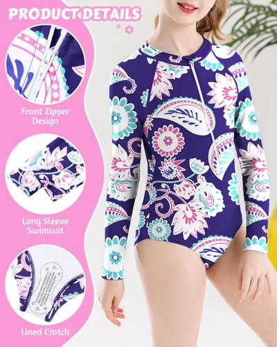 Image of Century Star UPF 50+ Girls Long Sleeve Swimsuit - Rash Guard Swimsuit Toddler Kids Teen One Piece Bathing Suit Zip 2-15Y