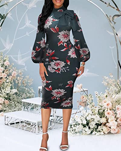 Image of Sexy Long Sleeve Dress for Women Solid Color Bow Knot Turtleneck Formal Gown Midi Casual Church Dresses