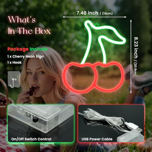 Image of Cherry Neon Sign for Wall Decor Red Green Cherry Lights LED Signs Gift for Women Fruit Shape Neon Signs Cereza Birthday Party Home Bathroom Living Room Bar Decoration USB /Battery Powered