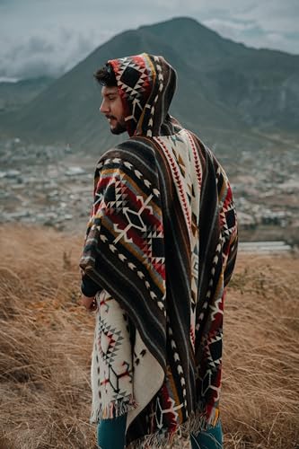 Image of Alpaca Mens Poncho with Hood - Cowboy Serape Western Poncho - Clint Eastwood Poncho for Men - Ecuadorian Cloak with Hood Men