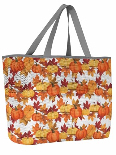 Mesh Beach Bag Oversized Tote Bags for Women Thanksgiving Pumpkin Fall Orange Maple Leaf Large Travel Pool Bags