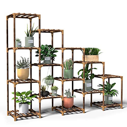 New England Stories Plant Stand for Indoor Outdoor Plant, 44'' Tall Wooden Plant Stands Shelf, 14 Potted Plant Holder Rack for Living Room Bedroom Window Patio Garden and Corner Balcony