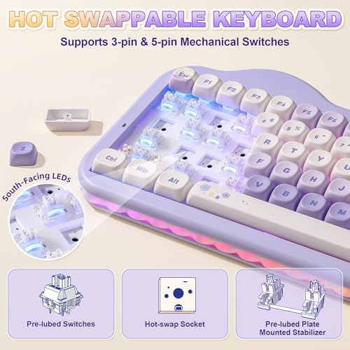 Image of YUNZII C75 Wireless Mechanical Keyboard,75% Layout, Hot-Swappable NKRO,BT5.0 /2.4G /USB-C Mode,Dye-Sub PBT MOA Keycaps,RGB Gasket Mount,Cute Cake Design for Mac /Win /Gaming (Purple, Milk V2 Switch)