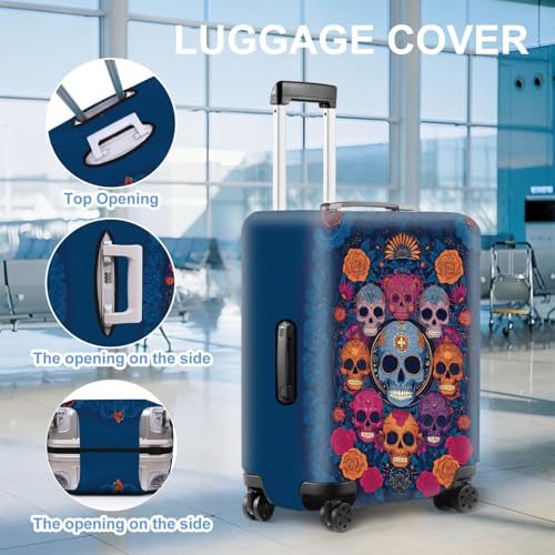 Image of Sugar Skull Luggage Cover - Colorful Floral Day of the Dead Suitcase Protector - Stretch Travel Case Cover for 24-26 Inch Luggage,M