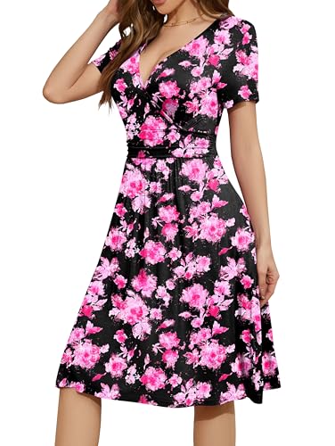 Image of WEACZZY Women's Summer Short Sleeve Casual Dresses V-Neck Floral Party Dress with Pockets