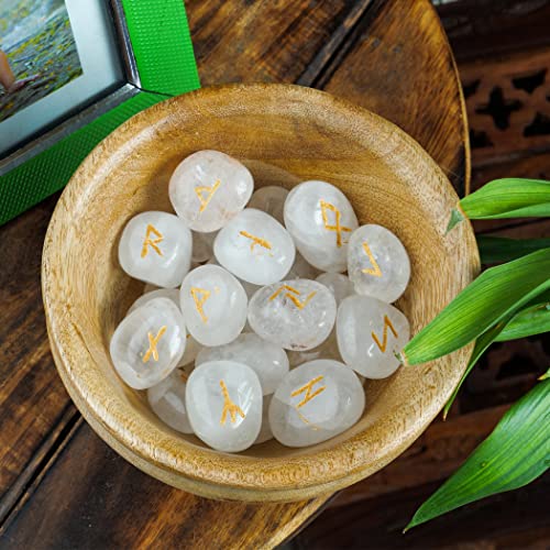 25 Pcs Clear Quartz Runes Set - Elder Futhark Rune Stones - Engraved Gemstones - Viking Rune Stones - Wiccan Supplies And Tools - Crystal Divination Set - Crystal Decor #TOP4