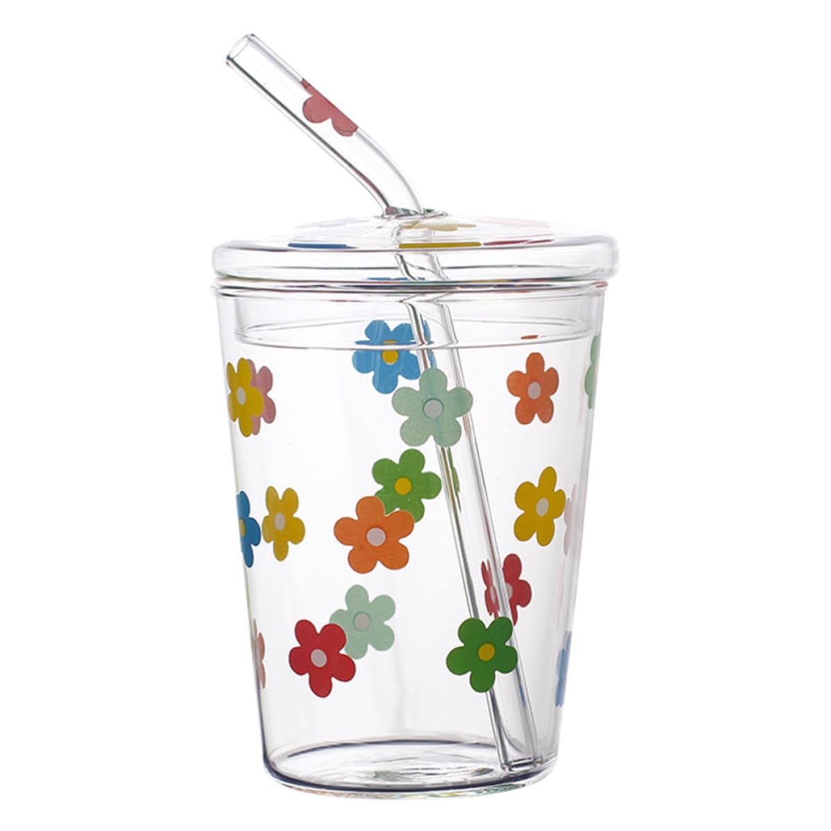 Vaso de vidrio floral para jugos en desayunos de terraza con tapa
